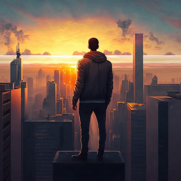 A man on top of skyscrapers looking at the city in the sunset rays