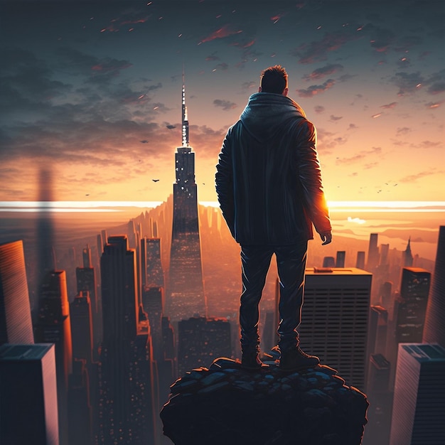 A man on top of skyscrapers looking at the city in the sunset rays