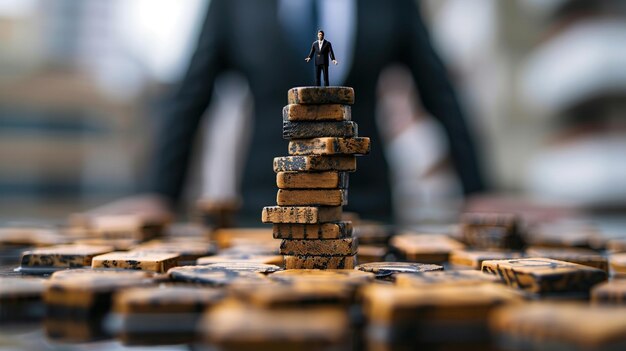 Photo man on top of stacked blocks