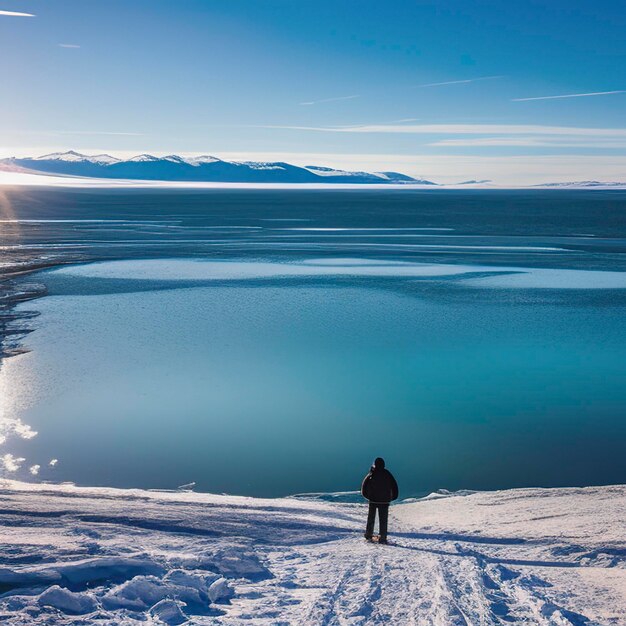 Man tourist walking on the ice of Baikal lake Winter landscape of Baikal lake Siberia Russia Blue transparent cracked ice and the blue sky