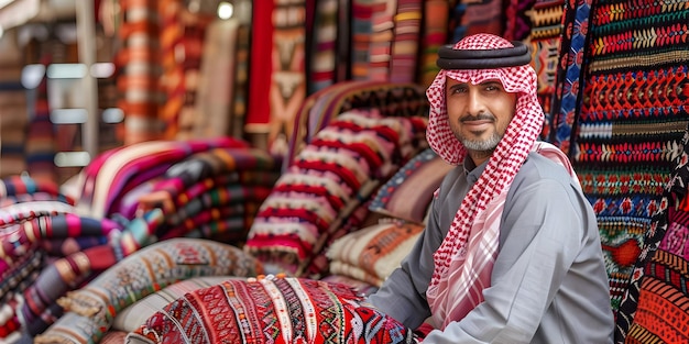 Photo man in traditional clothing sitting among colorful rugs in a marketplace photo