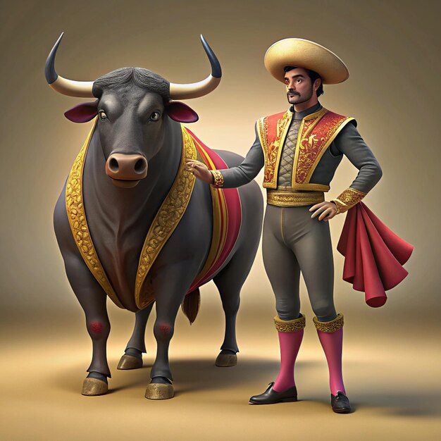 a man in a traditional costume stands next to a bull