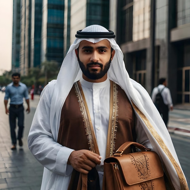 a man in a traditional dress is carrying a brown bag