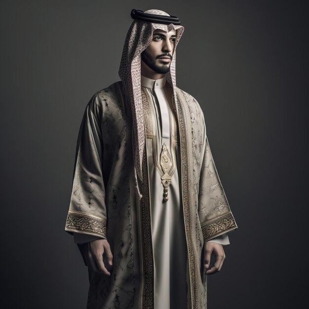 A man in a traditional dress stands in a dark room.