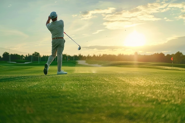 Man training golf skills on driving range on golf course