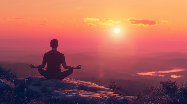 Man in tranquil yoga pose meditating at sunset for realistic mindfulness practice photo