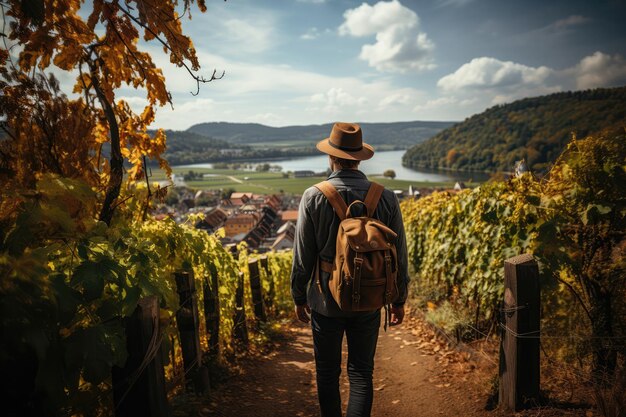 A Man Traveler With A Rucksack And Looking On At A Picturesque Vineyard Generative AI