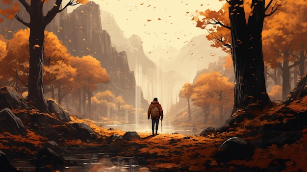 Man traveling in autumn forest digital art style