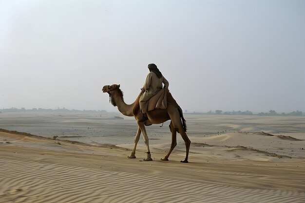 Man traveling on camel through vast scorching desert landscape