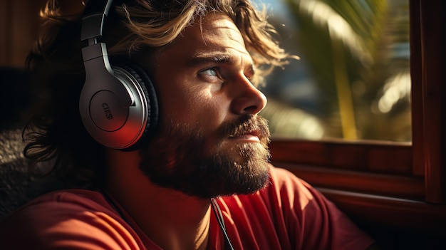 Man travels while using headphones to listen to music music lover Generative AI