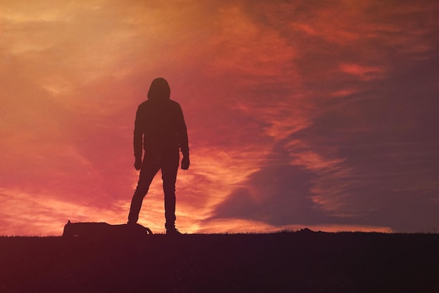 man trekking in the mountain with a beautiful sunset background, Bilbao, Basque country, Spain