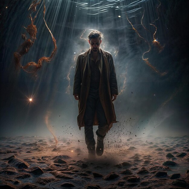 A man in a trench coat moves through a dimly lit environment