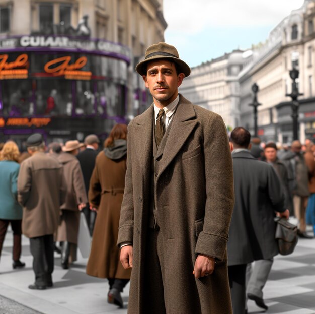 a man in a trench coat stands in front of a building that says " la la la la la. "