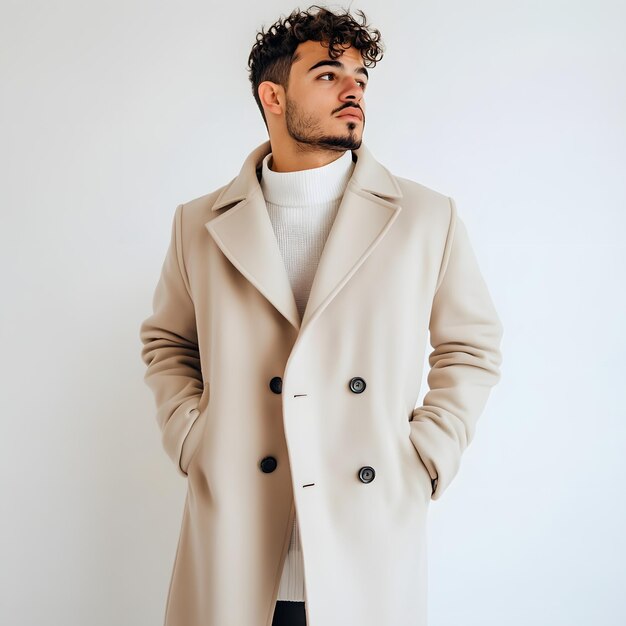 Photo a man in a trench coat stands in front of a white wall