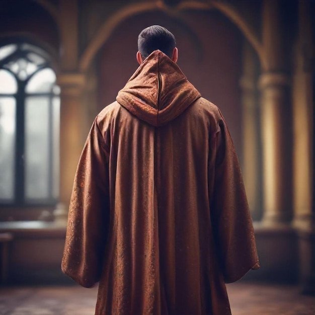 a man in a trench coat stands in a room with a large window in the background