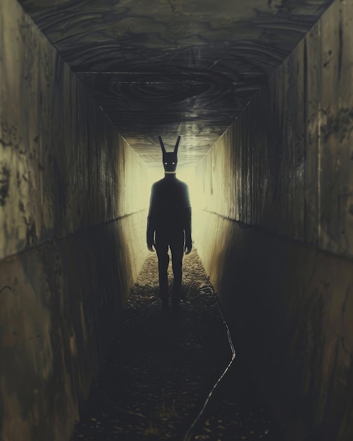 a man in a tunnel with a rabbit head on his head