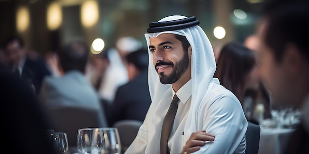 a man in a turban sits at a transparent background surrounded by empty wine glasses and a clear glass he wears a black tie and a white shirt and his hand rests