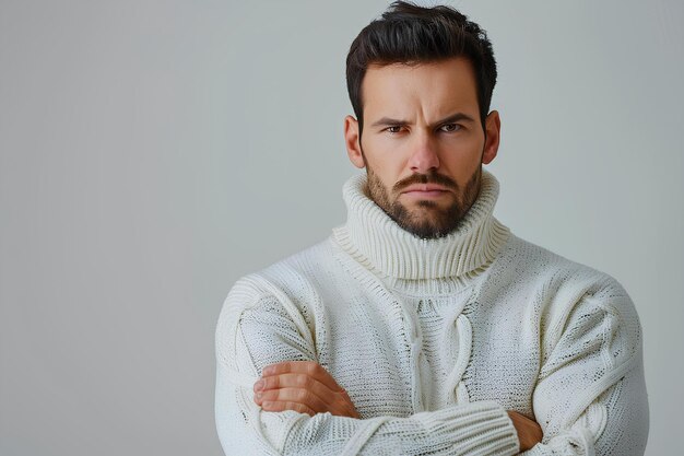 A man in a turtle neck sweater with his arms crossed