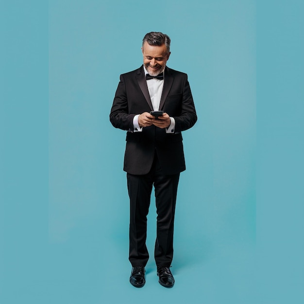 Photo a man in a tuxedo holds a phone in his hands