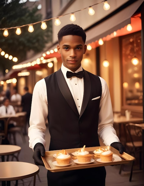 a man in a tuxedo holds a plate of food