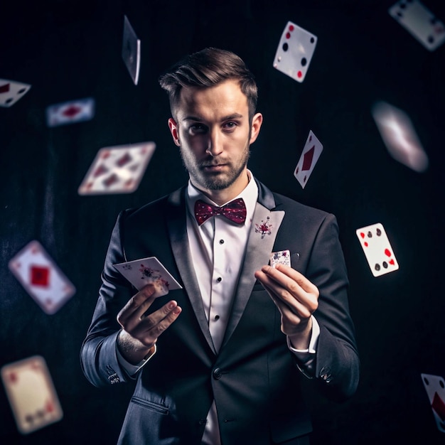 a man in a tuxedo is holding a card that says playing cards