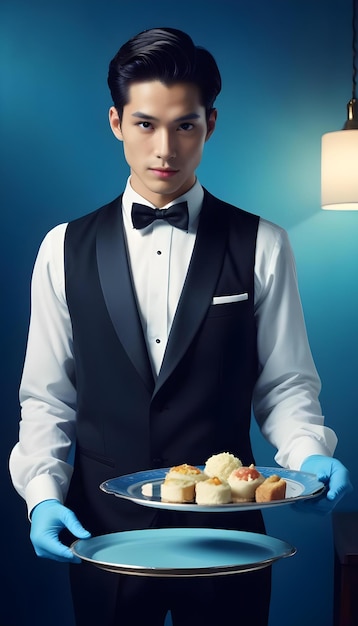 Photo a man in a tuxedo is holding a tray of food with a plate of food