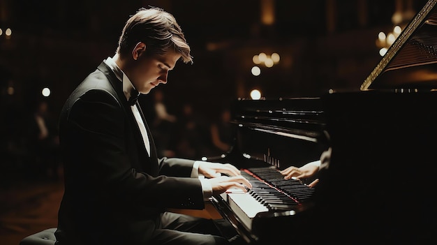 Photo a man in a tuxedo plays the piano on a stage