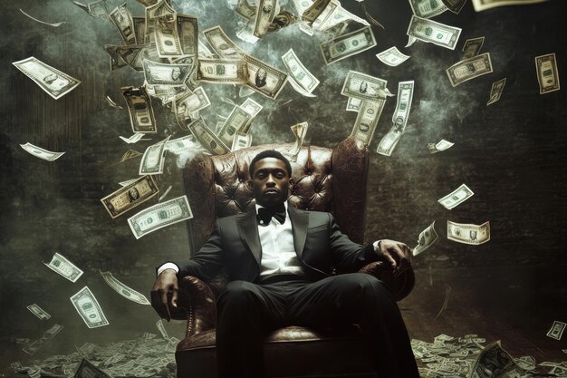 Photo a man in a tuxedo sits confidently in a vintage armchair surrounded by floating dollar bills