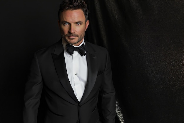 Photo a man in a tuxedo stands in front of a black backdrop