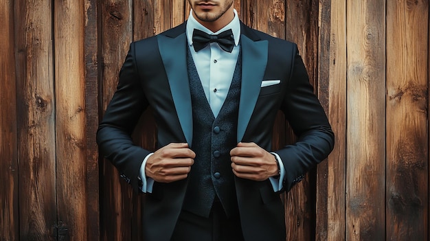 Photo a man in a tuxedo stands in front of a wooden wall