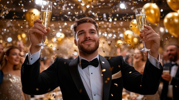 Photo man in tuxedo toasting with champagne at a party