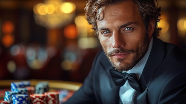 Photo man in tuxedo with poker chips