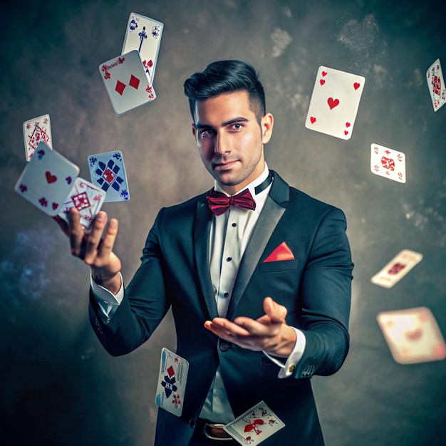 a man in a tuxedo with a suit and a card that says playing cards