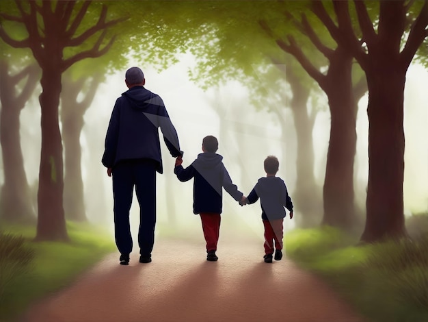 A man and two boys walking down a path with trees in the background