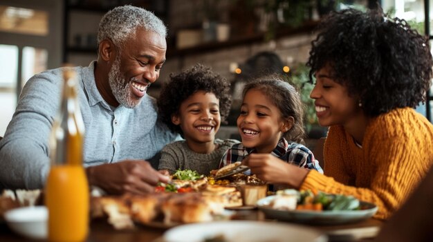 a man and two children are eating a meal with a woman and a child