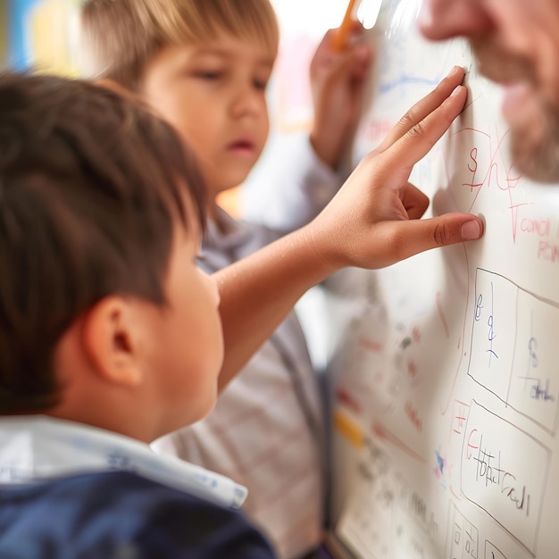 Photo a man and two children are looking at a whiteboard with the word quot z quot on it