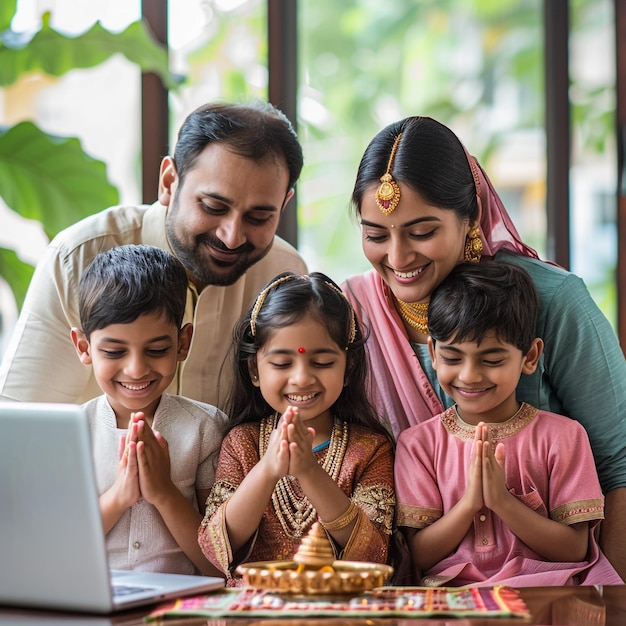 Photo a man and two children are praying with a laptop in front of them