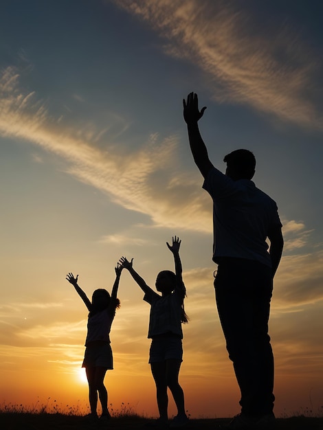 a man and two children are raising their hands up in the air with the sun behind them