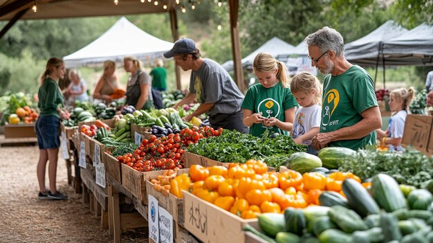 Photo a man and two children are selling vegetables at a farmers market