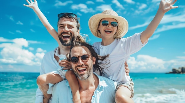 A man and two children are smiling and posing for a picture on a beach