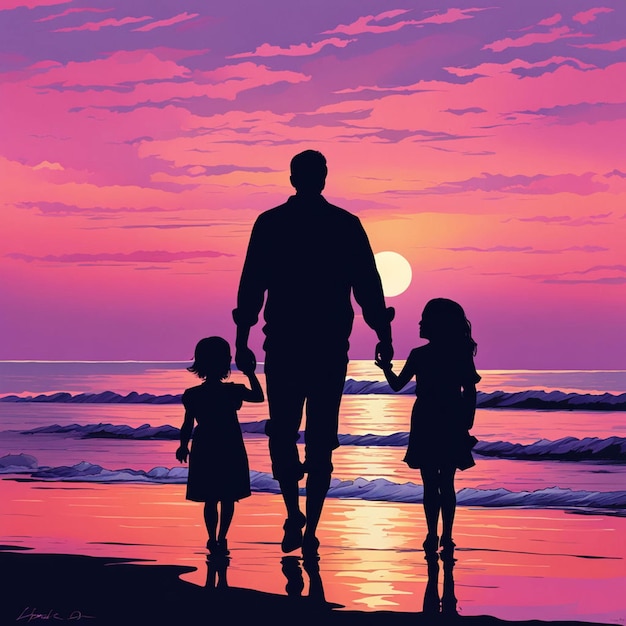 a man and two children are walking on the beach with the sun setting behind them