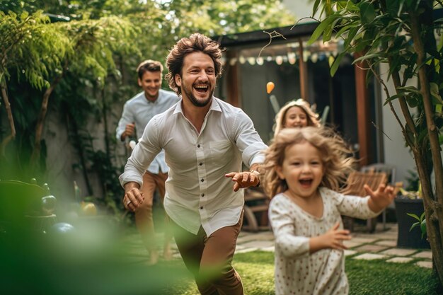 A man and two children running through a garden Happy family is playing in the backyard