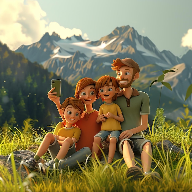 Photo a man and two children sit in a field with mountains in the background