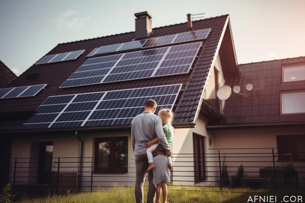 A man and two children stand in front of a house with solar panels on the roof.