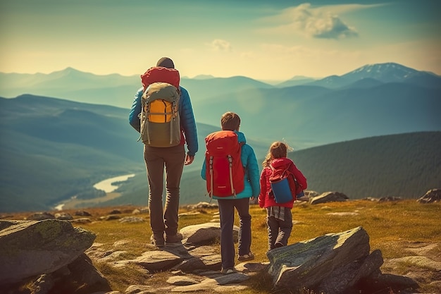 A man and two children standing on top of a mountain Generative AI image