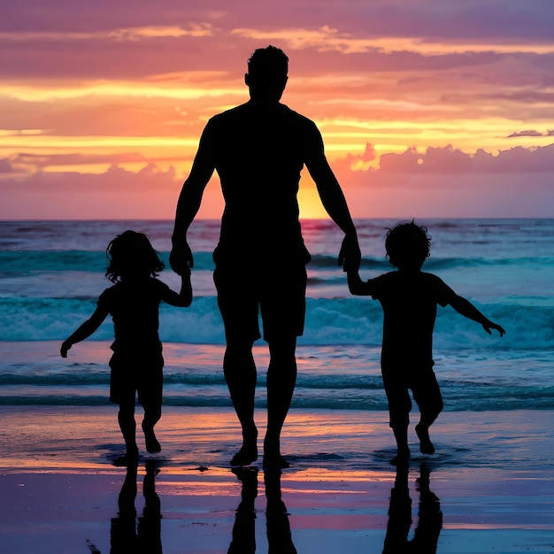 Man and Two Children Walking on Beach at Sunset