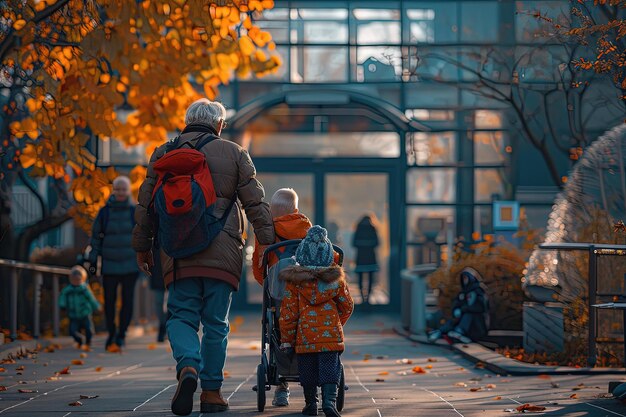 A man and two children walking down a sidewalk