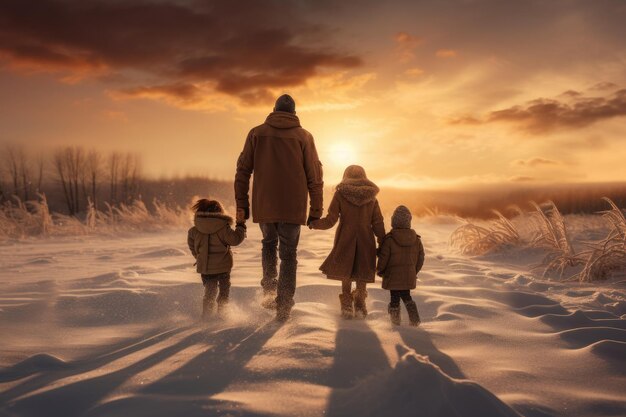 a man and two children walking in the snow