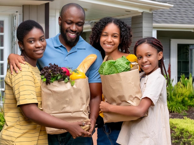 a man and two girls holding paper bags with a banana