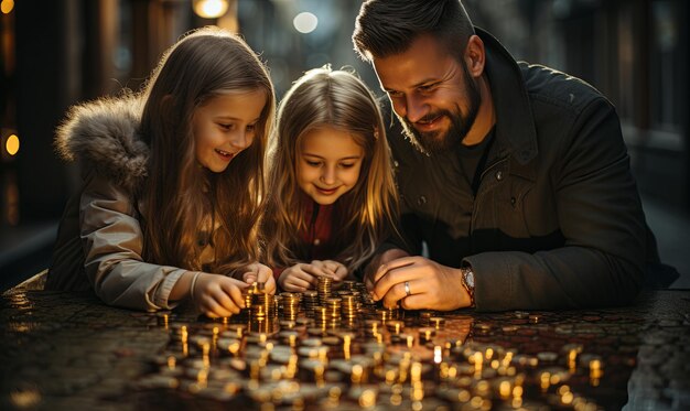 Photo man and two girls playing chess